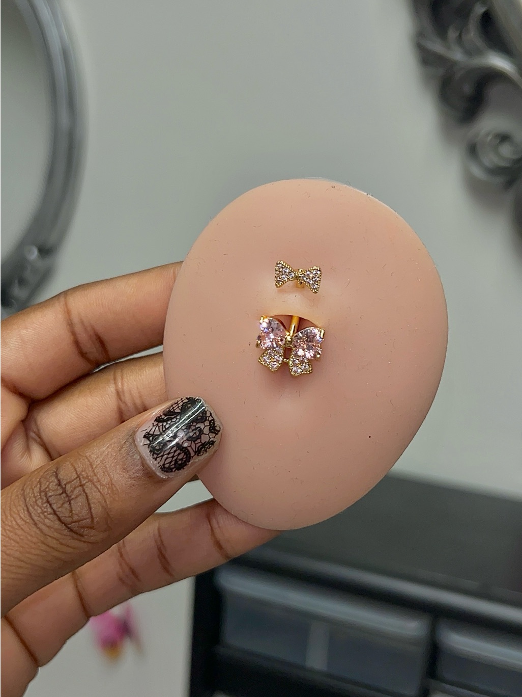 Gold-Tone Pink Crystal Butterfly & Bow Belly Button Piercing Ring